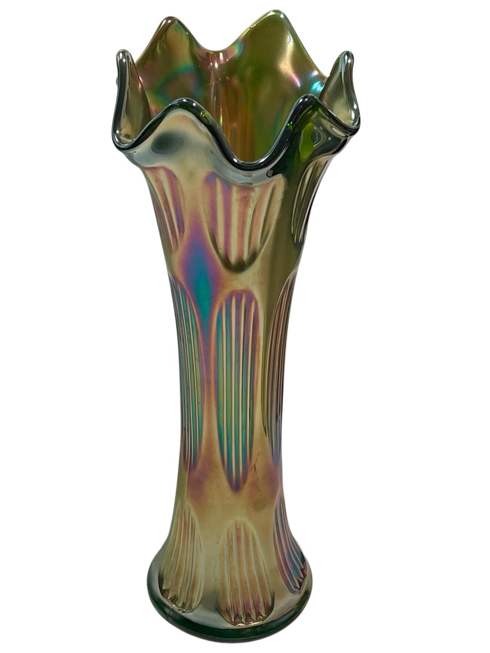 Antique 1910s Fenton Emerald Carnival Glass Diamond And Rib Pattern Swung Vase